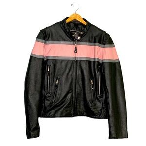 Women’s Black Leather Jacket with Pink Chest Stripe